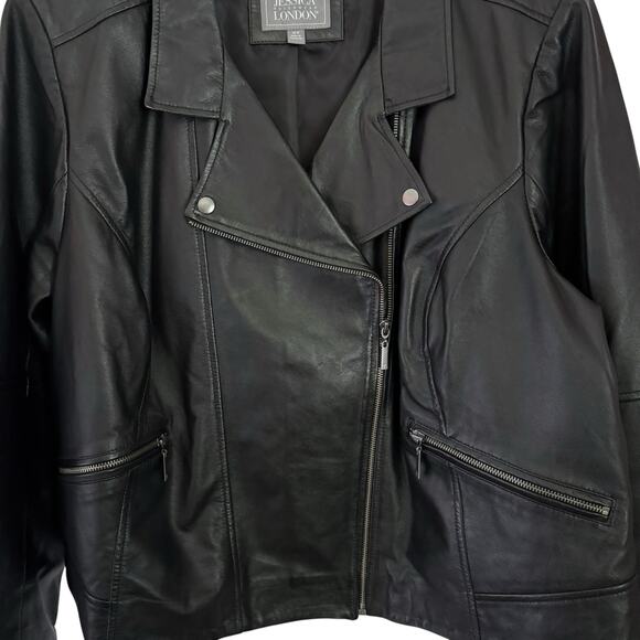 Jessica London Black Genuine Leather Moto Jacket - Plus Size 28W - Picture 4 of 15